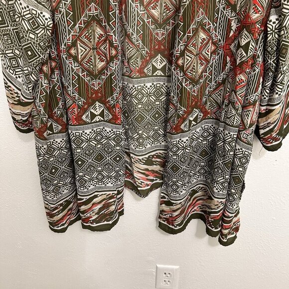 Catherines Kimono Cardigan Open Knit Olive Green Aztec Print Open Front 3X 26/28 - Picture 3 of 8